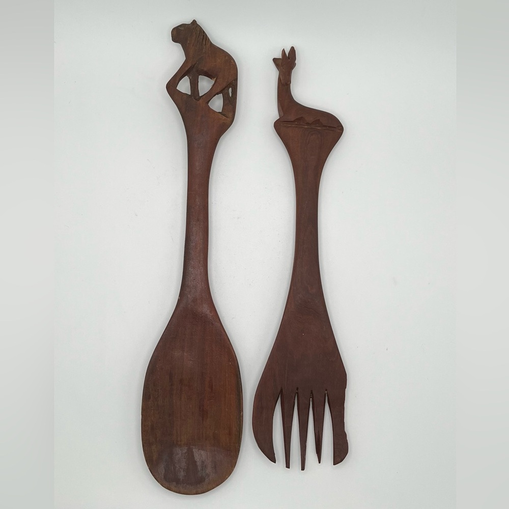 Vintage MCM Wooden Hand Carved Serving Salad Utensils African Lion Gazelle